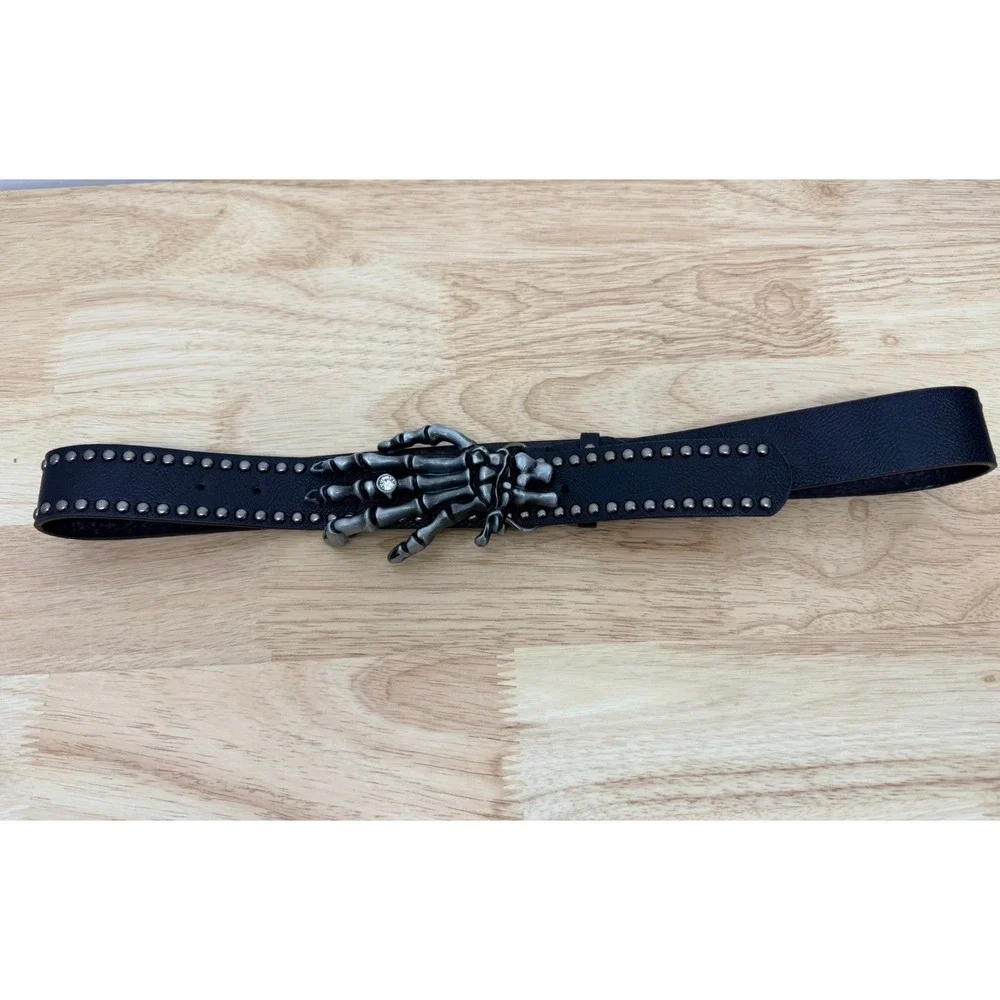 Skeleton Hand Belt Studded Black Faux Leather Gothic Punk Biker Skull Buckle #13